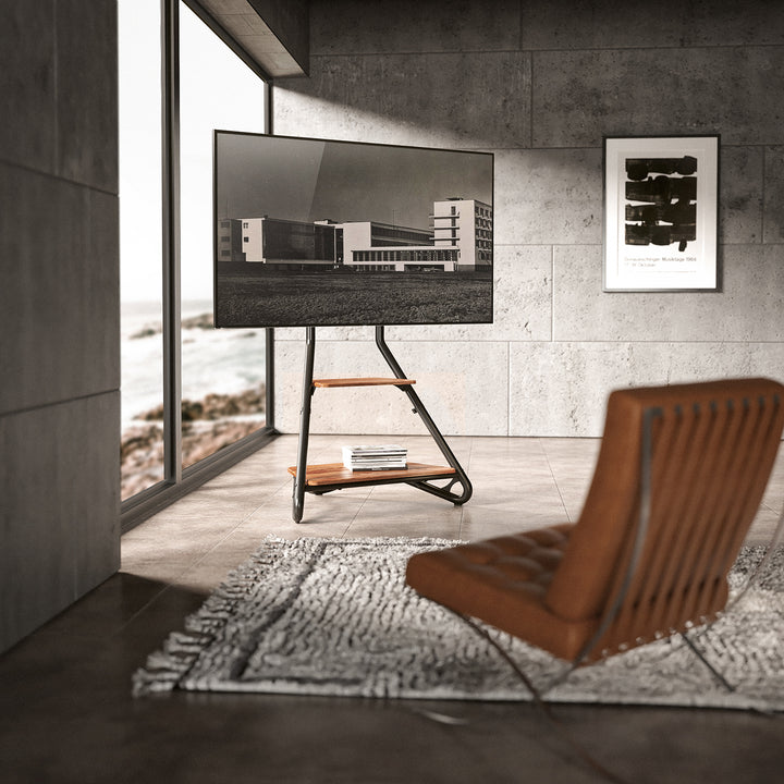 Suporte de TV de canto independente Maclean MC-455, estilo Bauhaus, prateleiras de madeira de dois níveis, máx. 40 kg, 37-75''