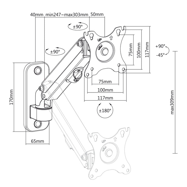 Suporte de parede para monitor Maclean MC-458 de 17 a 27'', máx. 7 kg, amortecedor a gás