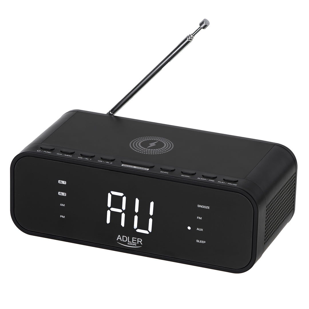 Adler AD 1192B Radio Despertador FM con Cargador Inalámbrico, Bluetooth