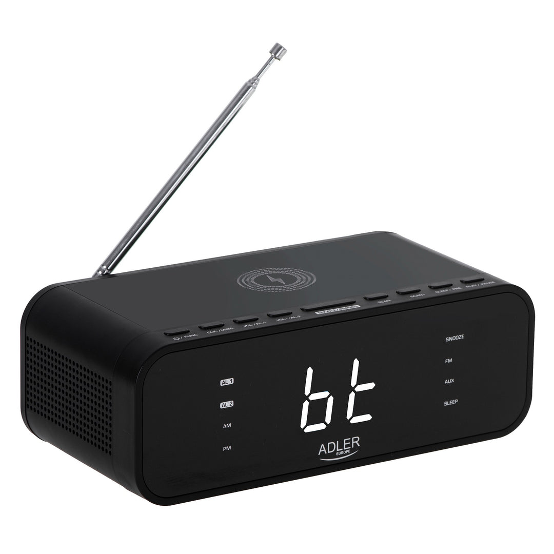 Adler AD 1192B Radio Despertador FM con Cargador Inalámbrico, Bluetooth