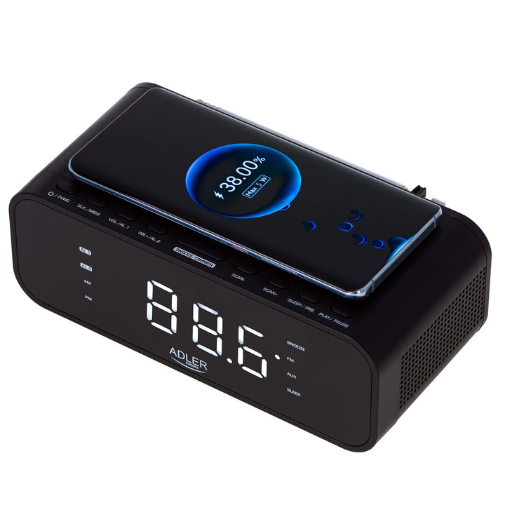 Adler AD 1192B Radio Despertador FM con Cargador Inalámbrico, Bluetooth