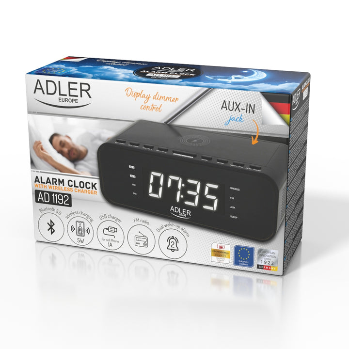 Adler AD 1192B Radio Despertador FM con Cargador Inalámbrico, Bluetooth