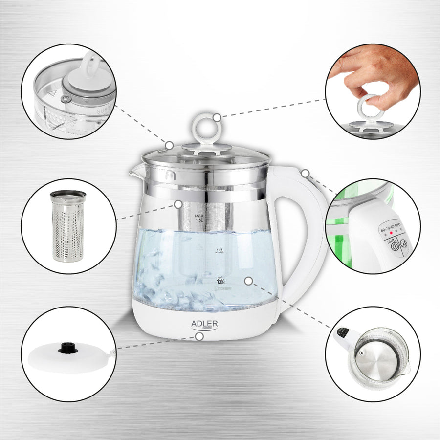 Chaleira de vidro de 1,5 L com cafeteira e controle de temperatura Adler AD 1299