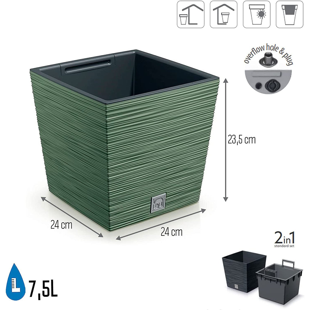 Plantadora quadrada baixa Prosperplast Furu com inserção DFS240-5615C - cor verde terra