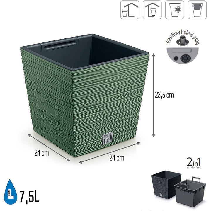 Plantadora quadrada baixa Prosperplast Furu com inserção DFS240-5615C - cor verde terra
