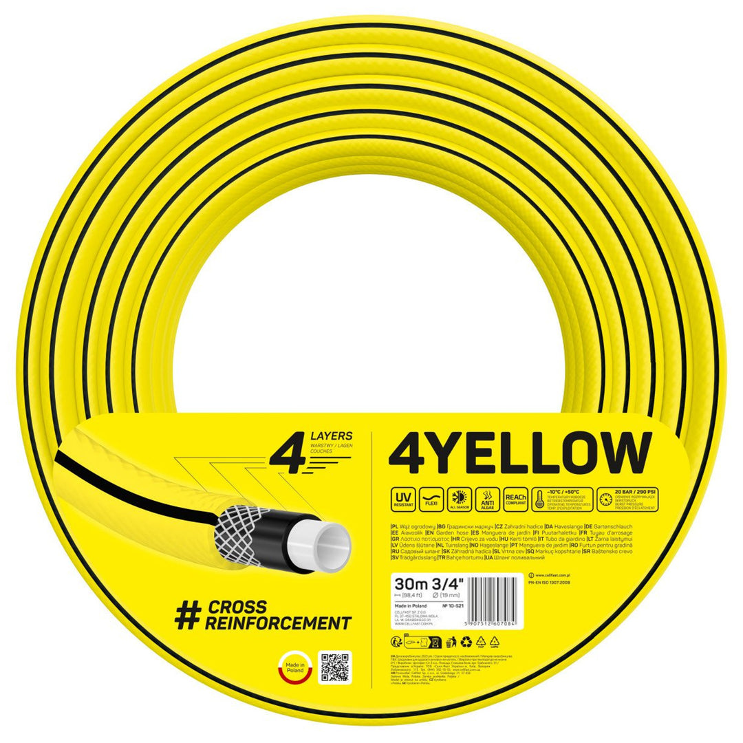Mangueira de jardim CELLFAST 4YELLOW Mangueira leve 4 camadas resistente a UV 10-521 3/4" 30m