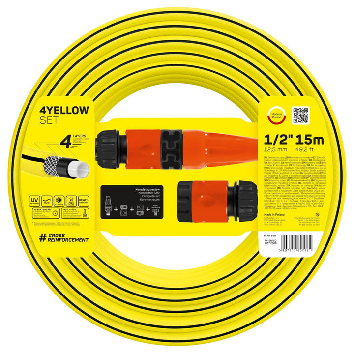Cellfast 4AMARILLO Conjunto Manguera 15m + Aspersor Recto, Tope de Conexión Rápida y Rebosadero, Conexión con Rosca hembra G3/4".