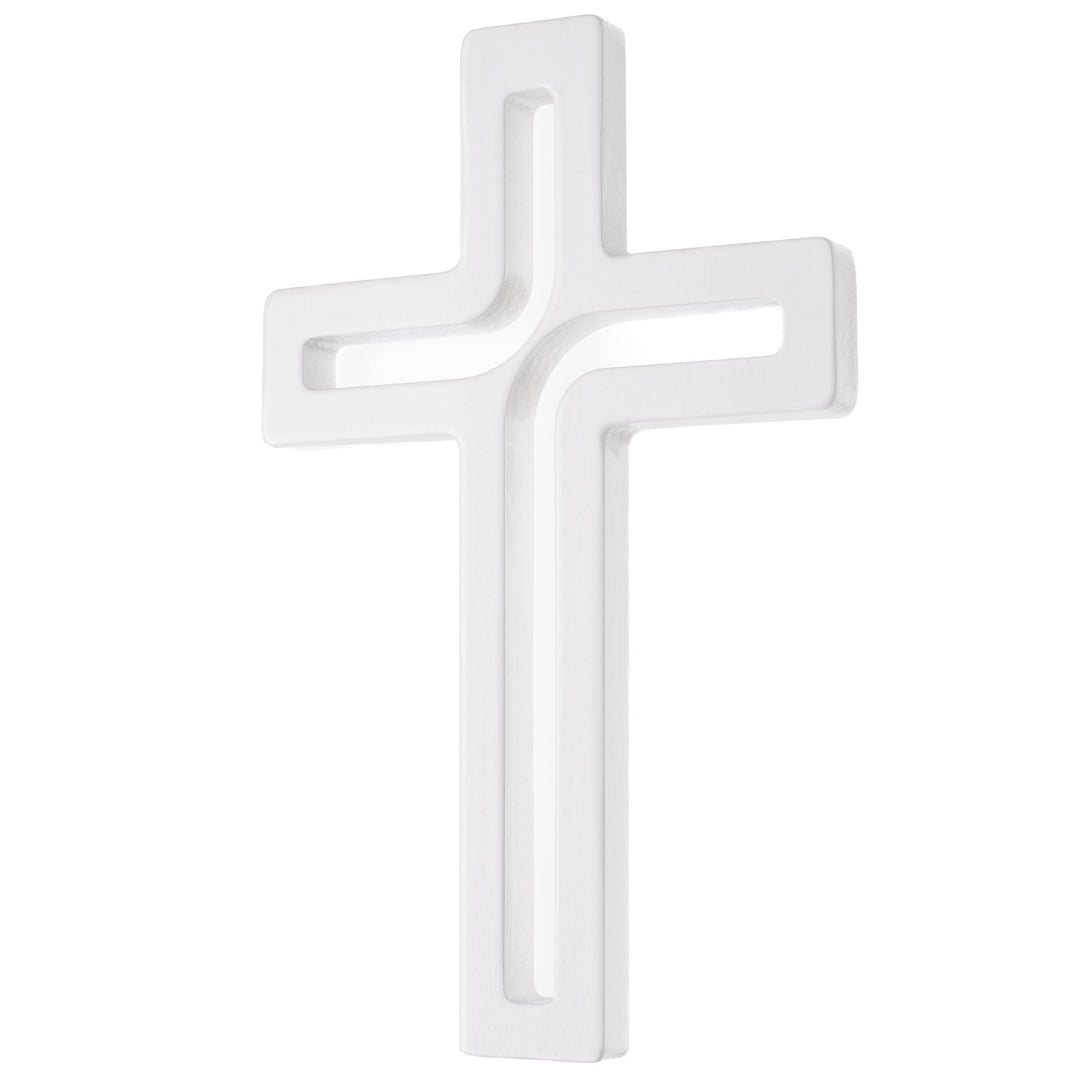 Cruz suspensa moderna em madeira branca 25x16x1,6 cm