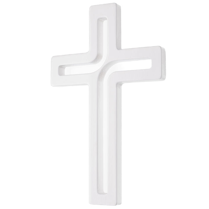 Cruz suspensa moderna em madeira branca 25x16x1,6 cm