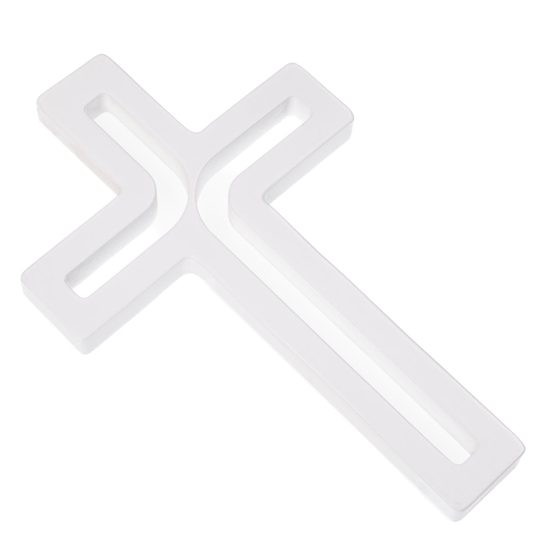 Cruz suspensa moderna em madeira branca 25x16x1,6 cm