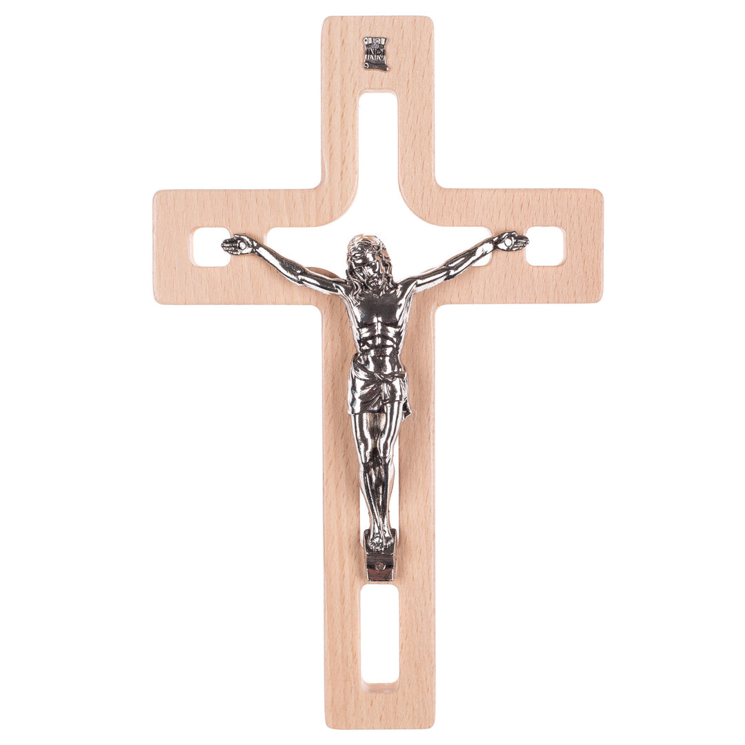 Luda Studio Cruz Pendurada em Madeira Cruz Moderna com Símbolo da Paixão (Natural, 25x16x1,6cm)