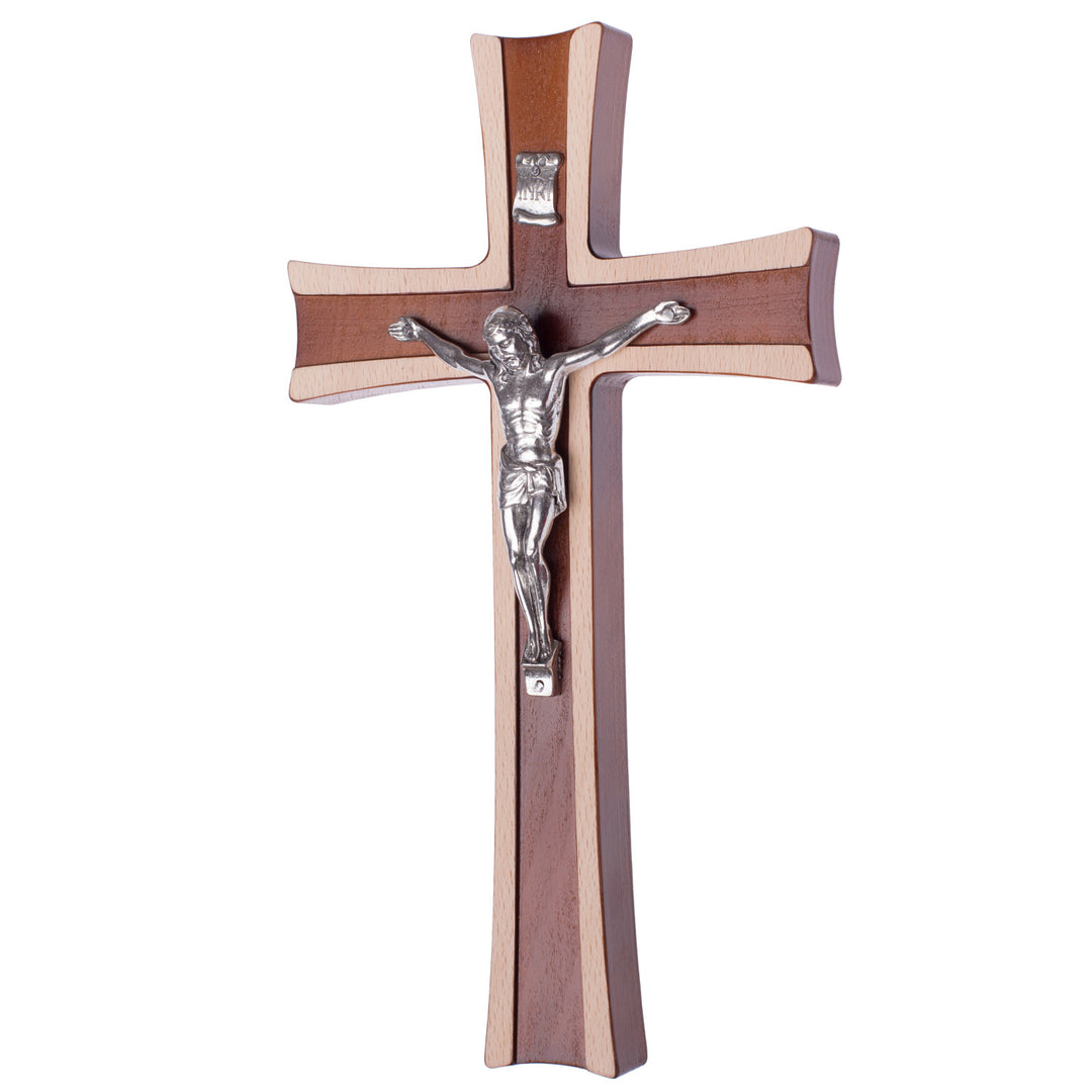 Cruz de parede em madeira bicolor com símbolo da Paixão (25x14x1,6cm)