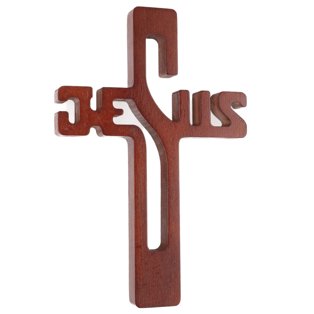Cruz em madeira com inscrição JESUS, castanho, 22x14x1,6cm