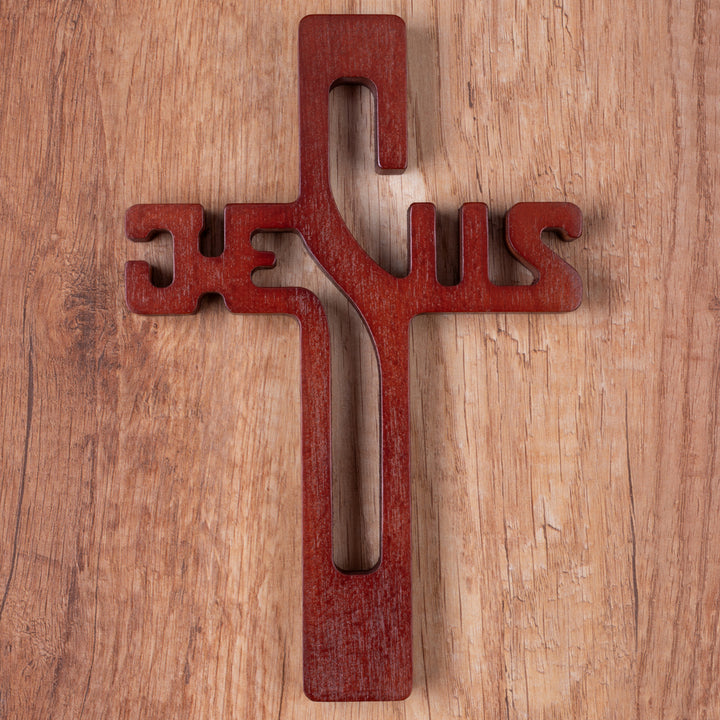 Cruz em madeira com inscrição JESUS, castanho, 22x14x1,6cm