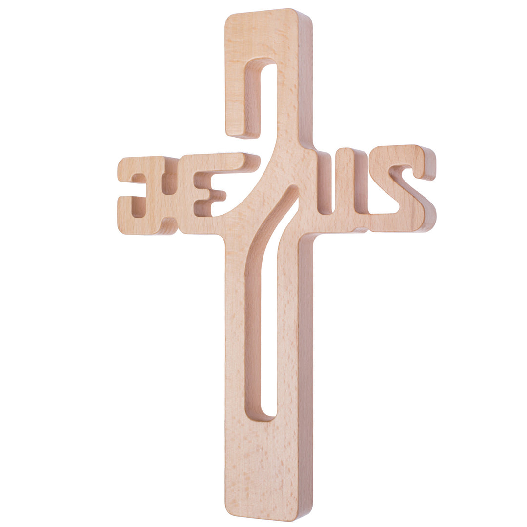Inscrição em cruz suspensa de madeira JESUS ​​​​natural 30x20x1,8cm