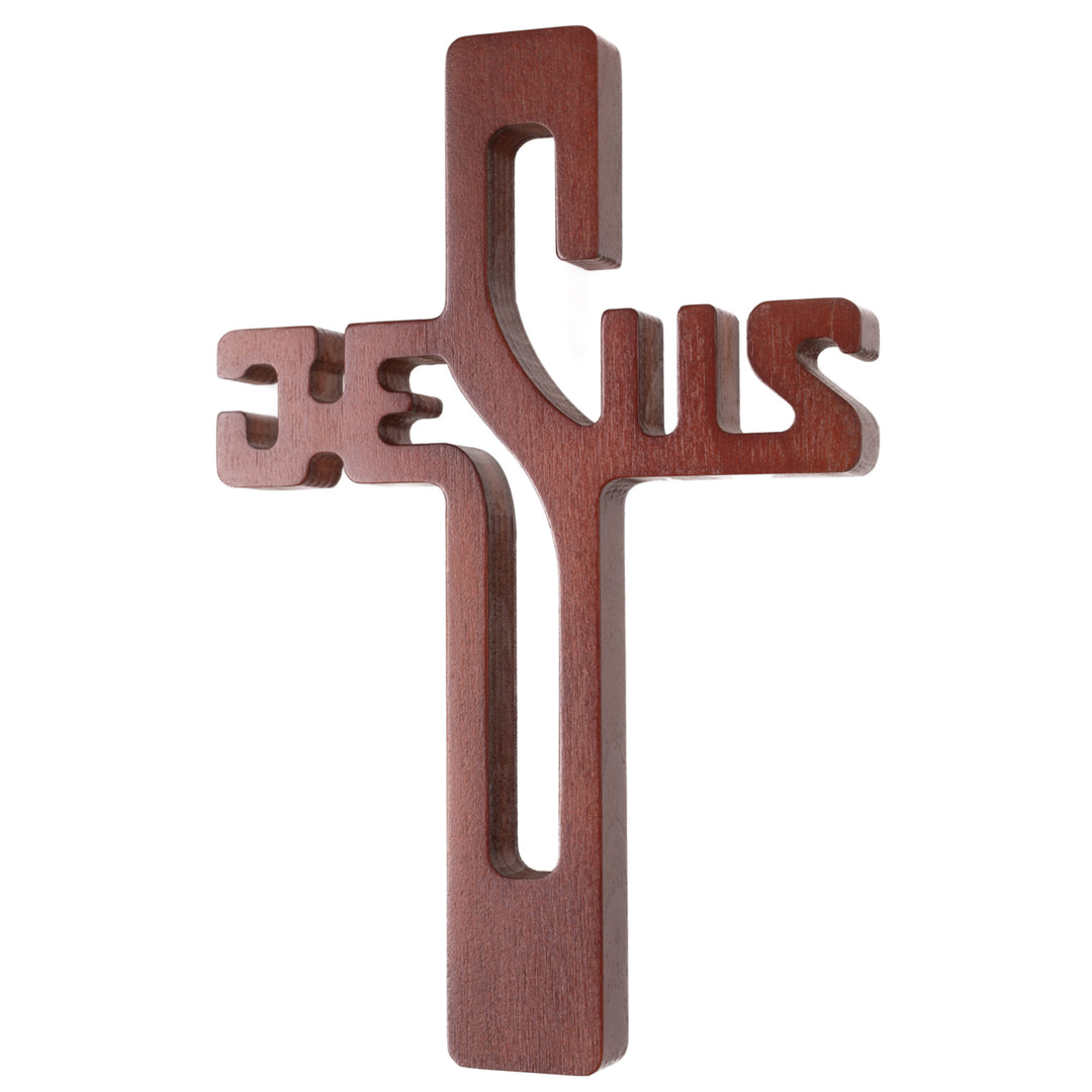 Cruz em madeira com inscrição JESUS, castanho, 30x20x1,8cm