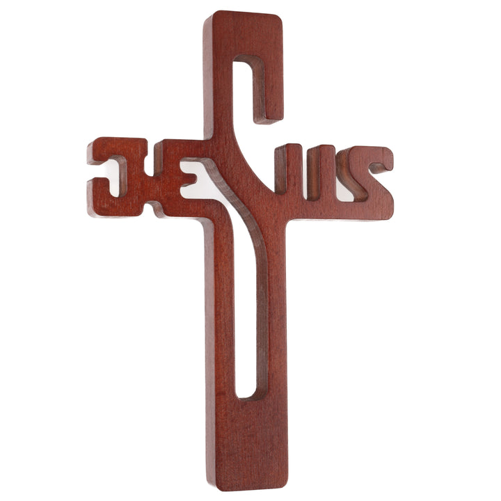 Cruz em madeira com inscrição JESUS, castanho, 30x20x1,8cm