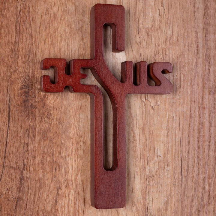 Cruz em madeira com inscrição JESUS, castanho, 30x20x1,8cm
