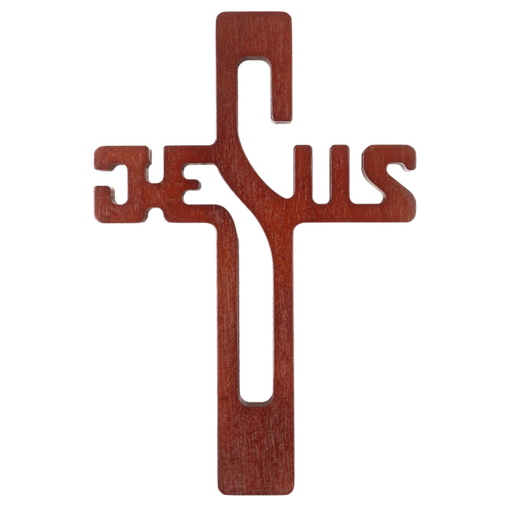 Cruz em madeira com inscrição JESUS, castanho, 30x20x1,8cm