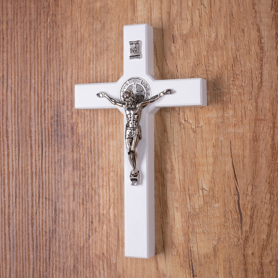Cruz de Madera de San Benito Cruz Colgante con Símbolo de la Pasión (Blanco,18x10x1,8cm)