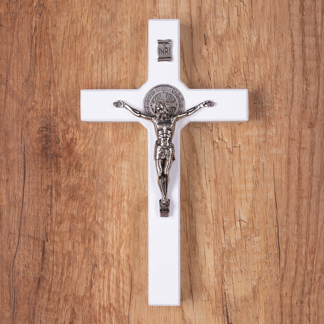 Cruz de Madera de San Benito Cruz Colgante con Símbolo de la Pasión (Blanco, 28x16x1,8cm)