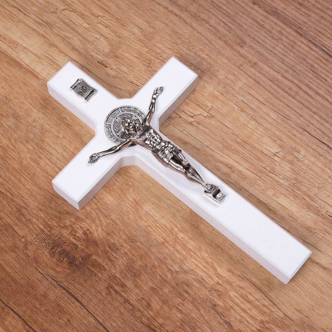 Cruz de Madera de San Benito Cruz Colgante con Símbolo de la Pasión (Blanco, 28x16x1,8cm)