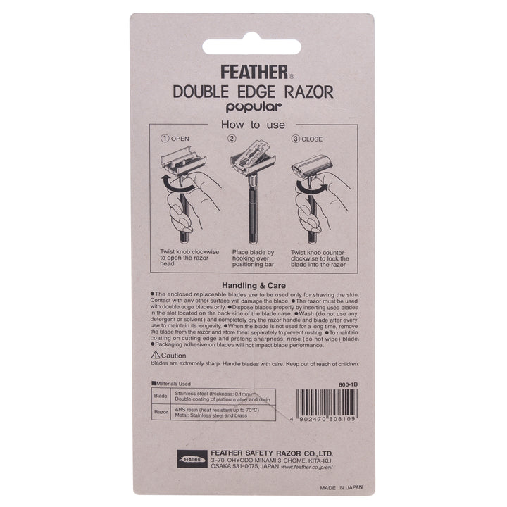 Barbeador Feather 800-1B em aço inoxidável. Fácil de usar e de limpar. Abertura borboleta.
