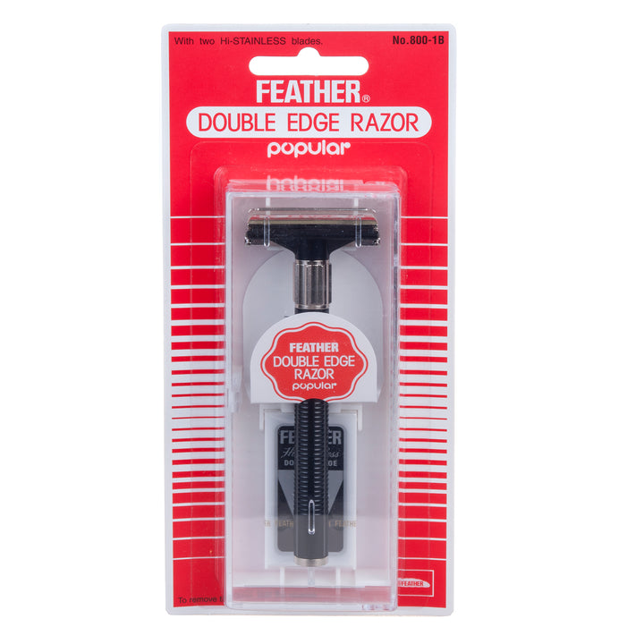 Barbeador Feather 800-1B em aço inoxidável. Fácil de usar e de limpar. Abertura borboleta.