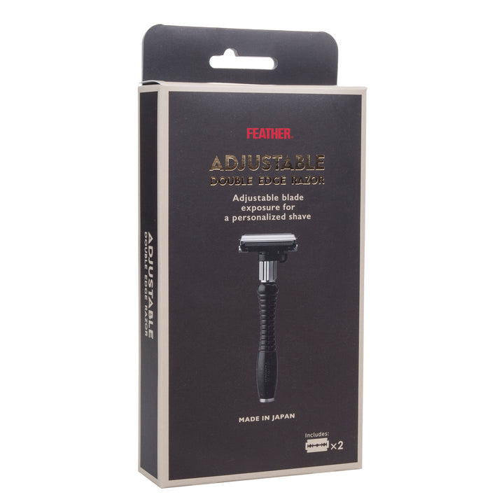 Aparelho de barbear Feather DER-A com lâminas intercambiáveis, cabeça em aço inoxidável, 2 posições, abertura borboleta.