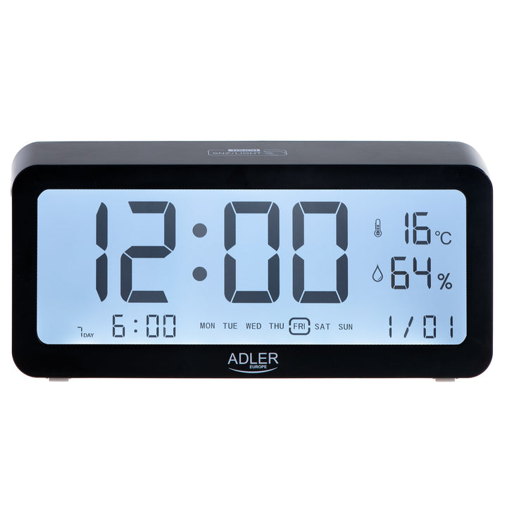 Reloj despertador a pilas Adler, negro, pantalla iluminada AD1195b