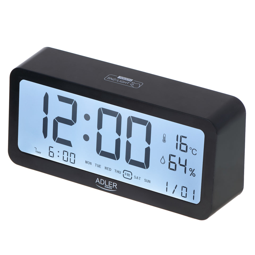 Reloj despertador a pilas Adler, negro, pantalla iluminada AD1195b