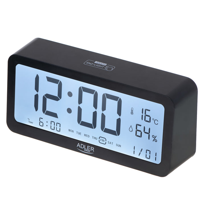 Reloj despertador a pilas Adler, negro, pantalla iluminada AD1195b