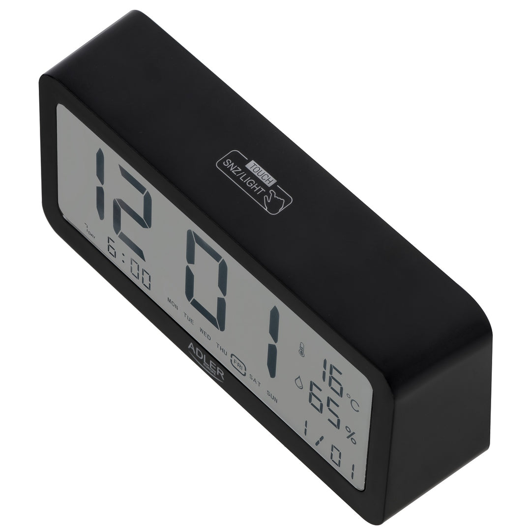 Reloj despertador a pilas Adler, negro, pantalla iluminada AD1195b