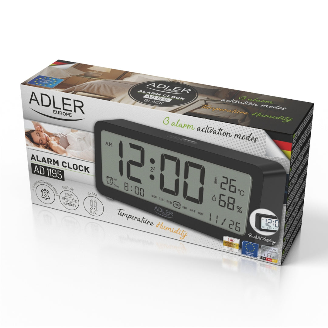 Reloj despertador a pilas Adler, negro, pantalla iluminada AD1195b
