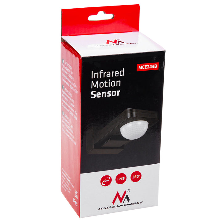 Sensor de movimento infravermelho e crepuscular Maclean MCE243 B, alcance de deteção de 360° até 20 m, proteção IP65 contra água e poeiras, máx. 2000 W, infravermelhos PIR, interno e externo