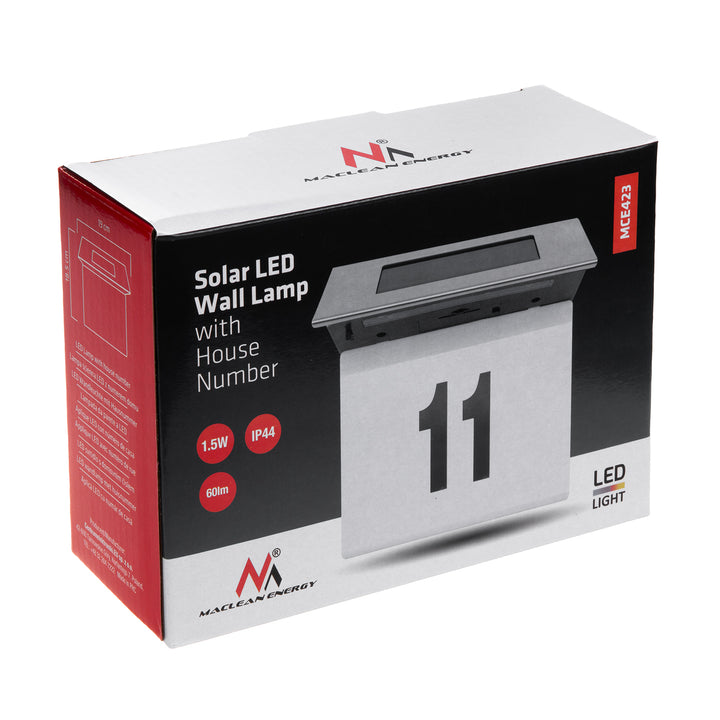 Maclean MCE423 Luz solar LED para números de porta, IP44, 1 W, 60 lm, 6000 K, bateria recarregável de 600 mAh, 2,5 V DC 70 mA