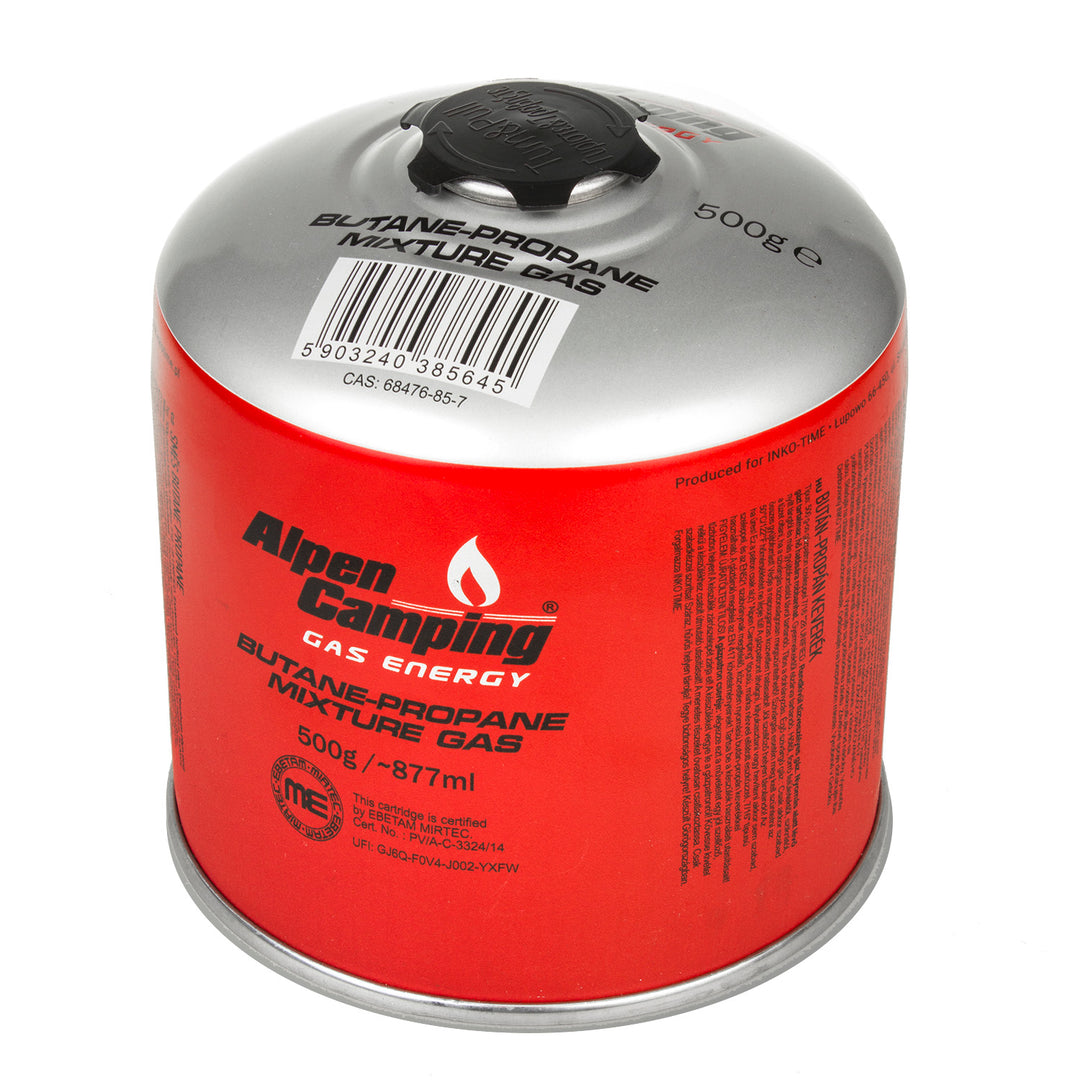 4x cartucho de camping gas Alpen de 500 g. Certificado: Pi 0437, según EN417, propano-butano, rango -10°c a + 40°c, válvula 7/16" IK008