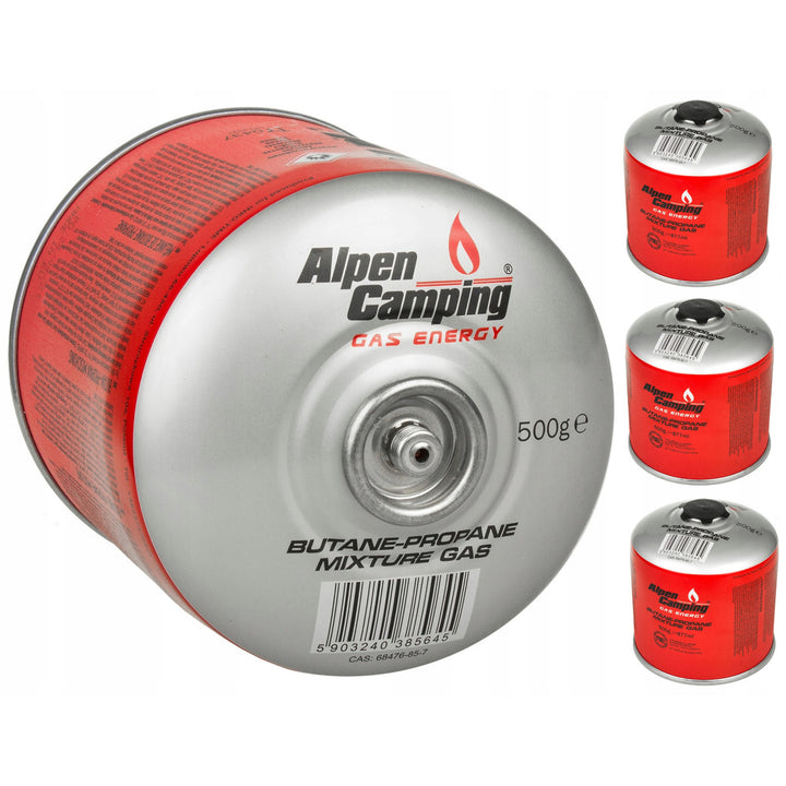 4x cartucho de camping gas Alpen de 500 g. Certificado: Pi 0437, según EN417, propano-butano, rango -10°c a + 40°c, válvula 7/16" IK008