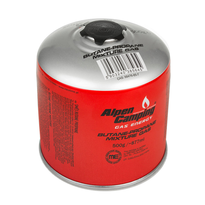 3x cartucho de gás Alpen Camping 500g. Certificado: Pi 0437, em conformidade com EN417, propano-butano, faixa -10°ca + 40°c, válvula 7/16" IK008