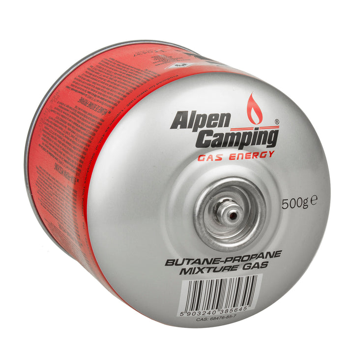 3x cartucho de gás Alpen Camping 500g. Certificado: Pi 0437, em conformidade com EN417, propano-butano, faixa -10°ca + 40°c, válvula 7/16" IK008