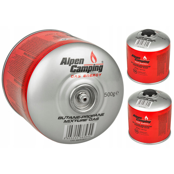 3x cartucho de gás Alpen Camping 500g. Certificado: Pi 0437, em conformidade com EN417, propano-butano, faixa -10°ca + 40°c, válvula 7/16" IK008