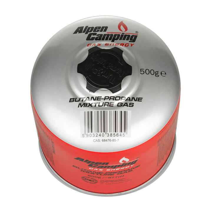 6 cartuchos de gás Alpen Camping de 500 g. Certificado: PI 0437, de acordo com a norma EN417, propano-butano, temperatura de funcionamento de -10 °C a +40 °C, válvula de 7/16" IK008