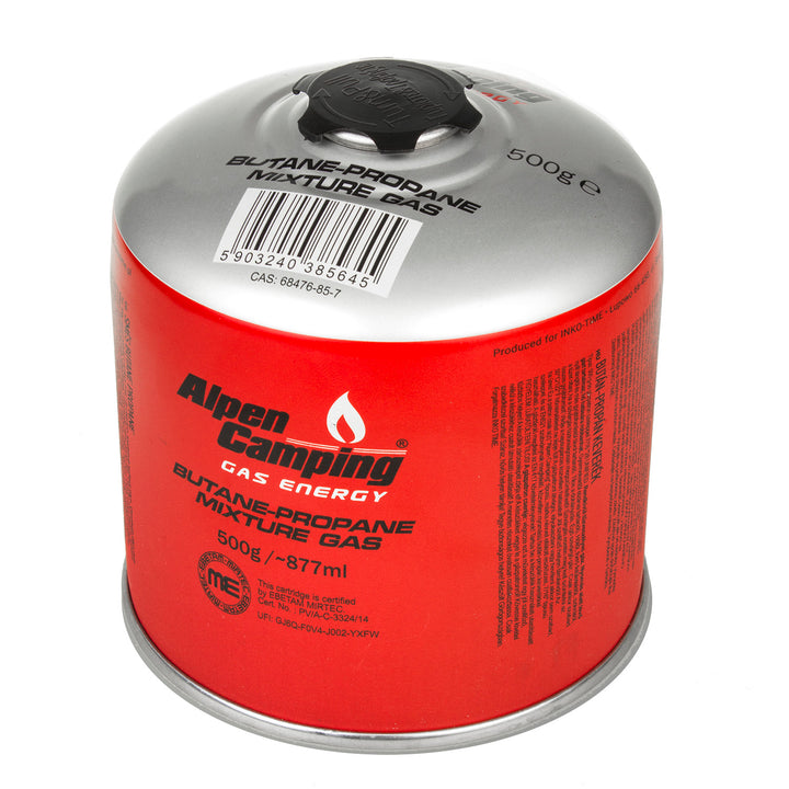 6 cartuchos de gás Alpen Camping de 500 g. Certificado: PI 0437, de acordo com a norma EN417, propano-butano, temperatura de funcionamento de -10 °C a +40 °C, válvula de 7/16" IK008