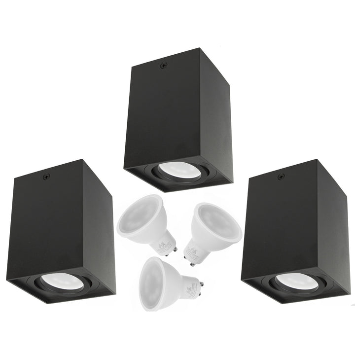 Luminária de superfície/tubo Maclean 3x, spot, quadrada, alumínio, GU10, 80x80x115mm, preta, MCE426 B + 3 lâmpadas LED de 5W