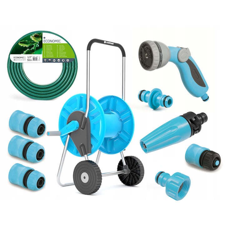 Conjunto de jardim Cellfast, mangueira económica de 1/2'' 50 m, carrinho Aluplus de 1/2'' 60 m