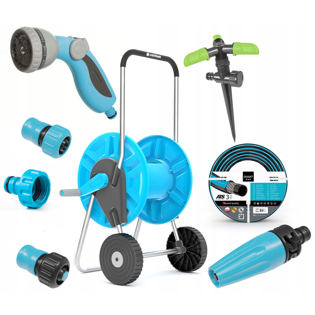 Conjunto de jardim Cellfast, mangueira Smart ATS 3/4'' 25m, carrinho Aluplus 1/2'' 60m