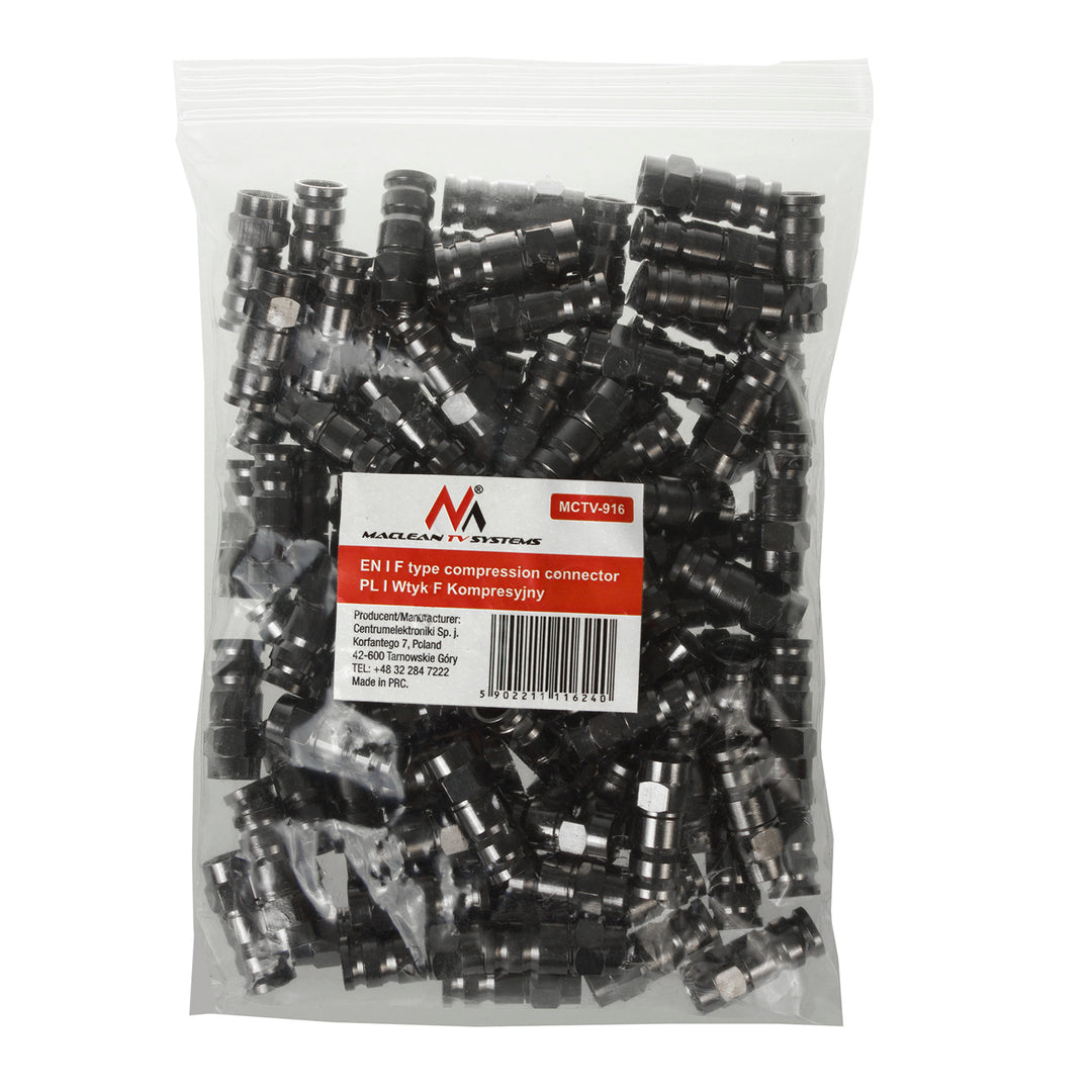 100x Maclean, Conector de Compressão F, RG-6, Profissional, Níquel, Preto, MCTV-916