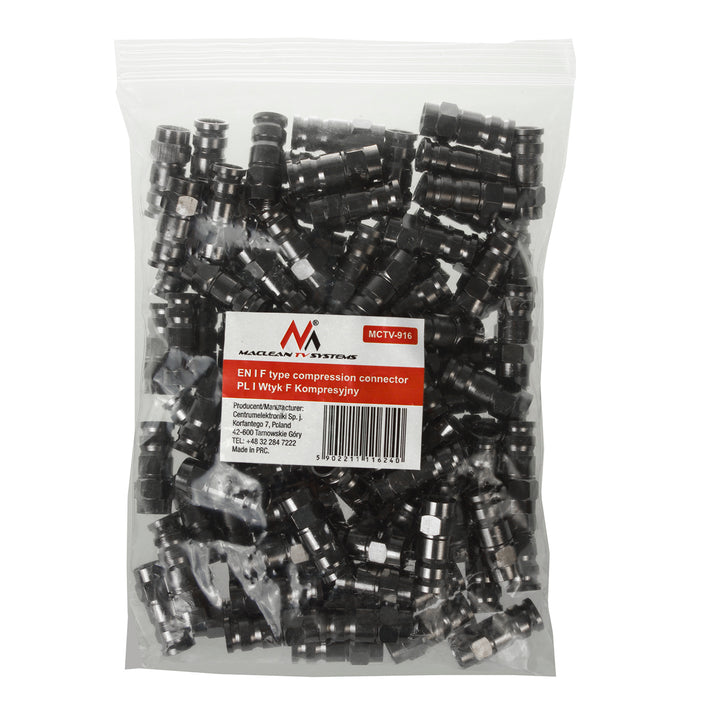 100x Maclean, Conector de Compressão F, RG-6, Profissional, Níquel, Preto, MCTV-916