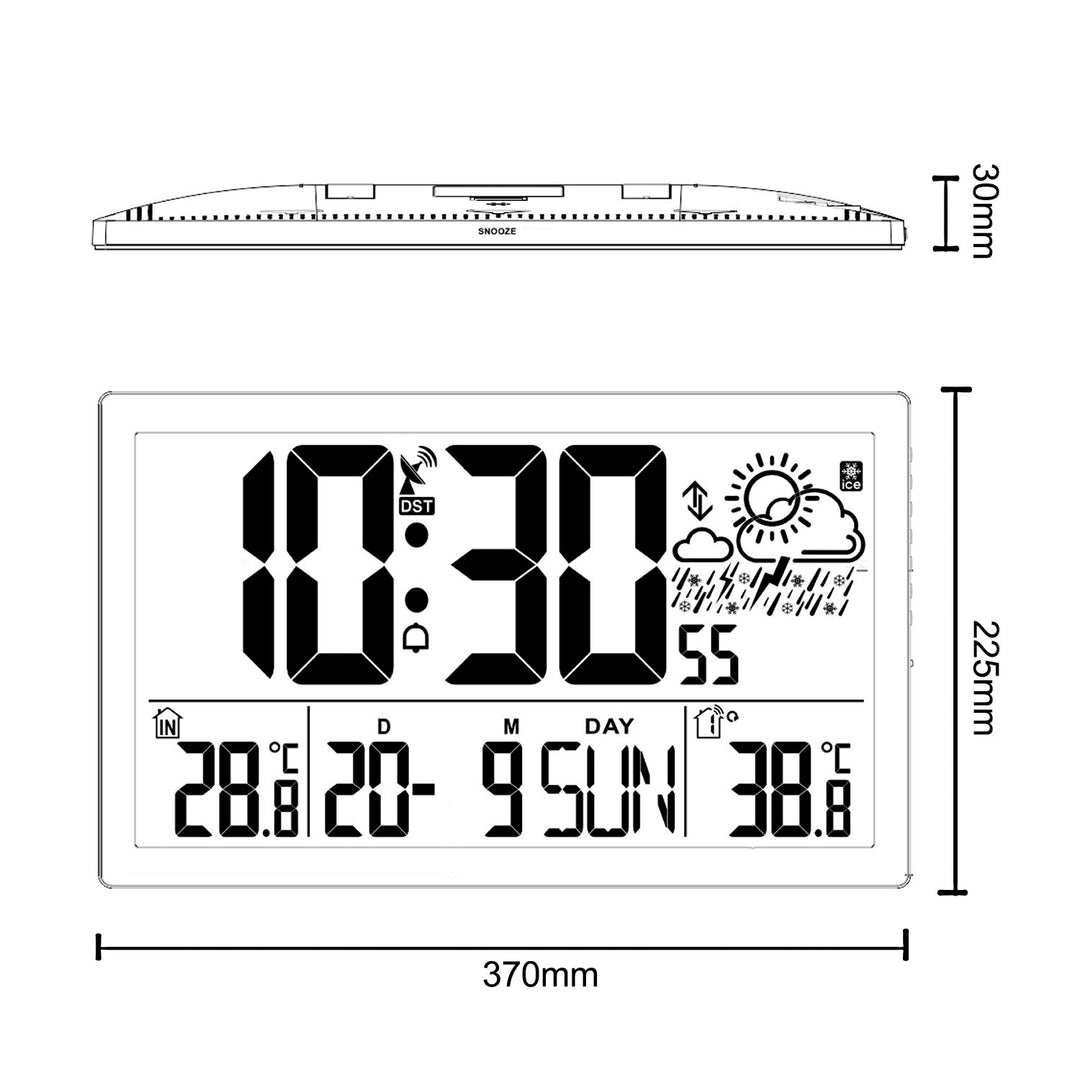 GreenBlue GB218 Estación Meteorológica Reloj de Pared Digital con Sensor de Exterior, Reloj DCF con Pantalla LCD, Alarma con Función Snooze, Temperatura Interior y Exterior, Previsión Meteorológica, 37x22,5cm,