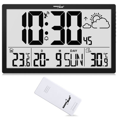 Relógio de parede digital GreenBlue GB218 com sensor exterior, estação meteorológica DCF com visor LCD, despertador com função de repetição, temperatura interior e exterior, previsão do tempo, 37 x 22,5 cm